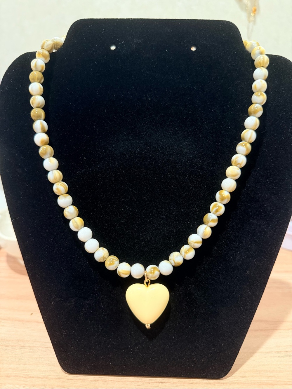 Heart Pendant Beaded Necklace Handmade - Yellow and White